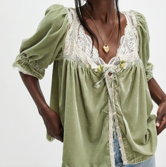 Free People Tops - Free People Let's Voyage Velvet Viscose Lace Top in Soft Mint Combo, XS
